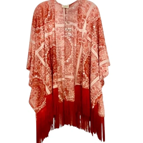 Ember Boho Fringe Kimono Cardigan Red Paisley Bandana Print Open Front Oversized - Picture 3 of 13